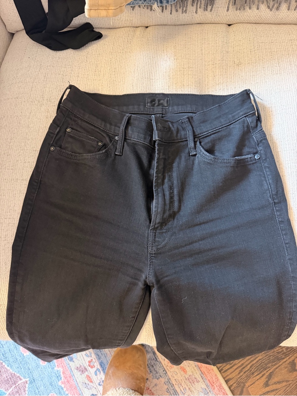 Mother “Insider Crop Step Fray” black denim jeans